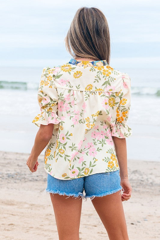 Crochet V Neck Half Sleeve Boho Floral Blouse