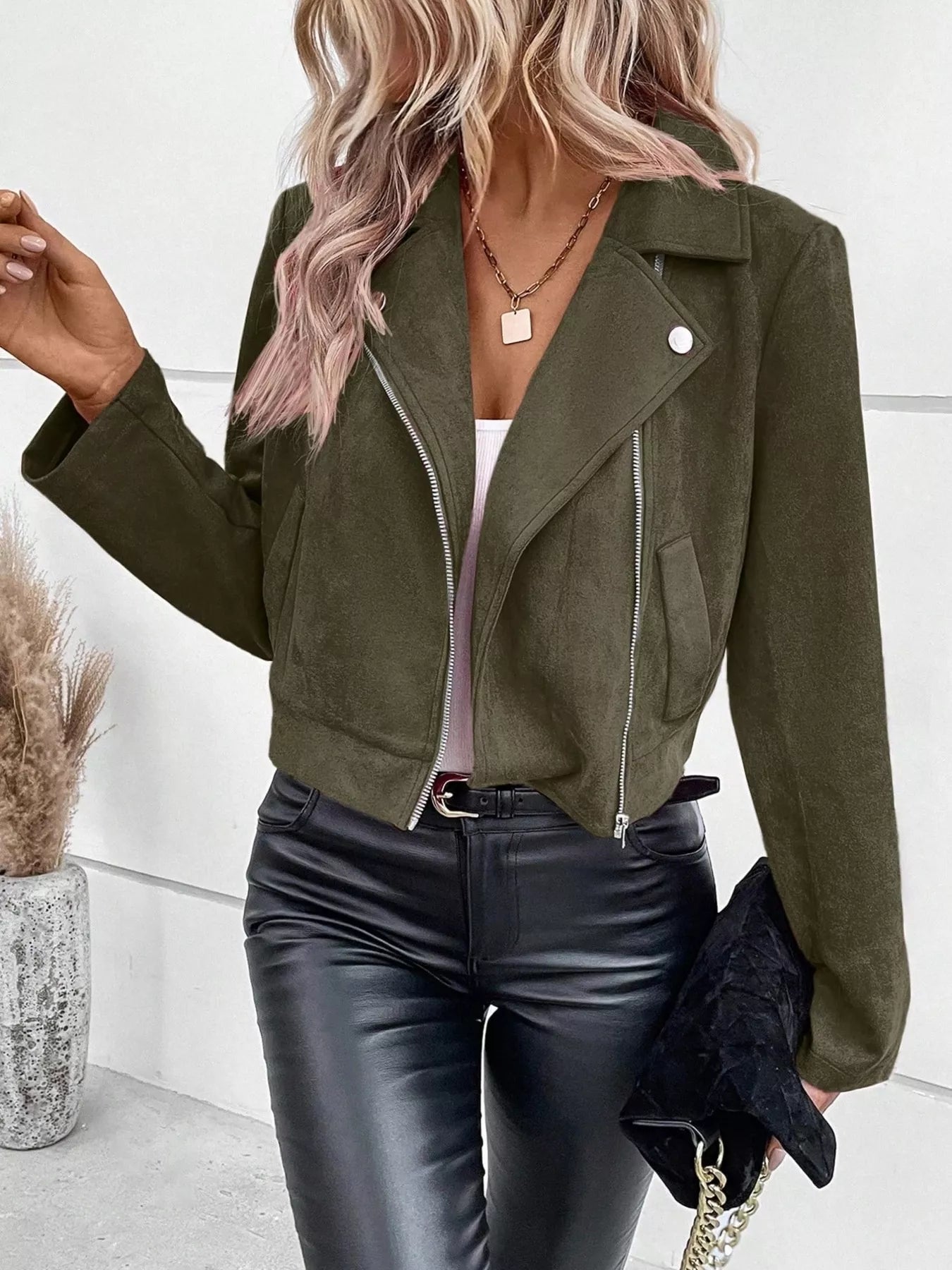Suede Moto Jacket with Zip Detail