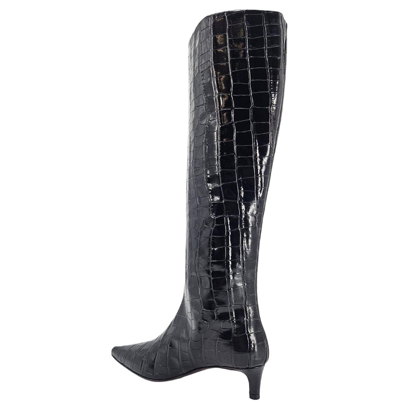Black Tall Moc Croc Pointy Toe Kitten Heel Boot