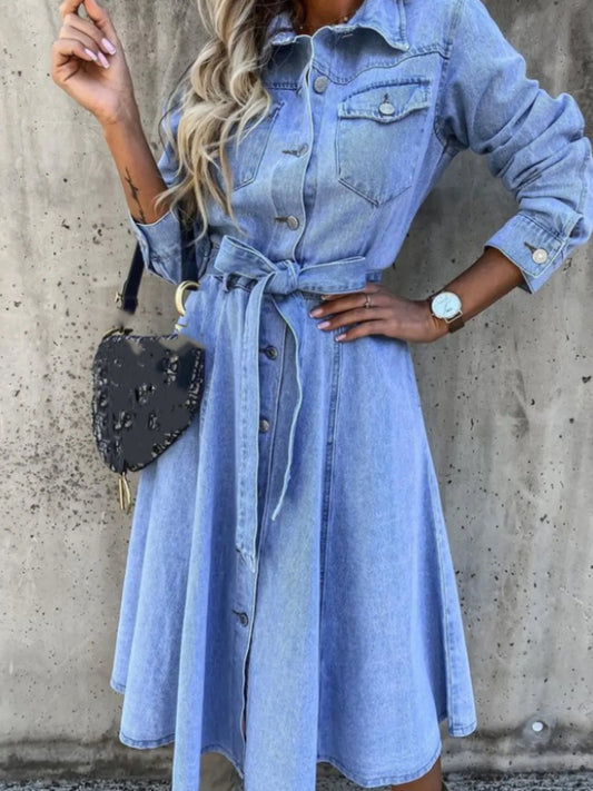 Full Size Tie Waist Button Front Denim Shirt Dress Plus Size