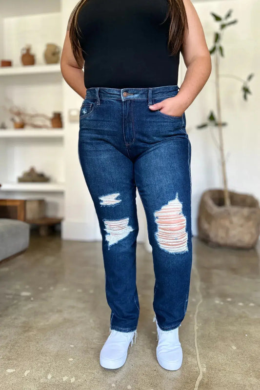 Full Size High Waist Rigid Magic Heavy Destroy Straight Judy Blue Jeans