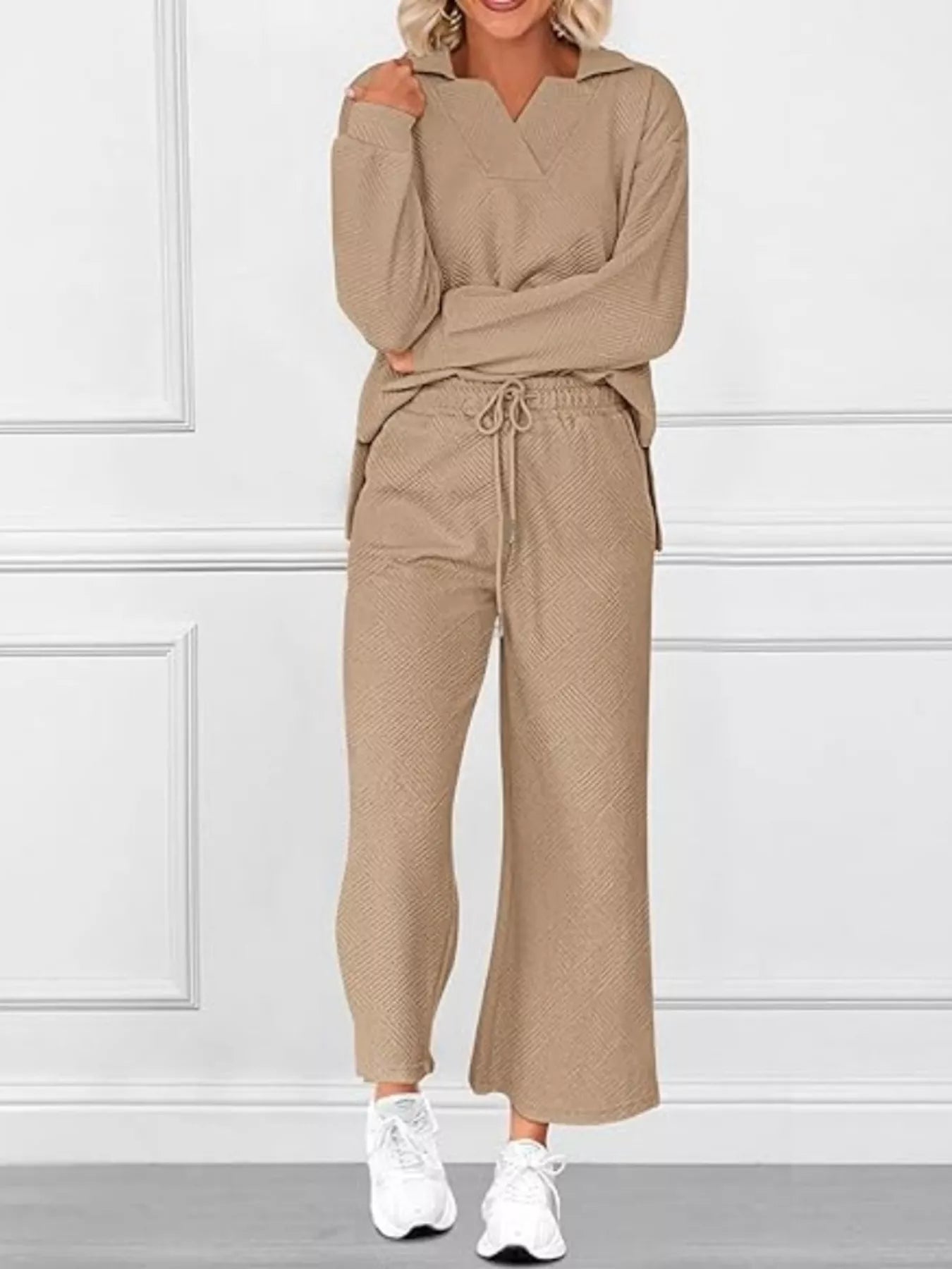 Side Slit Textured Top and Drawstring Pants Set