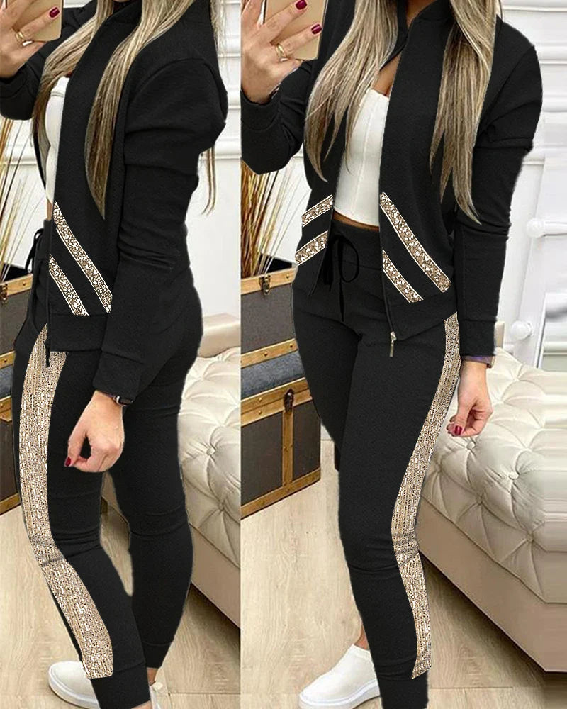 Leisure Sports Zipper Top Coat Pants 2 Two Pieces Sets