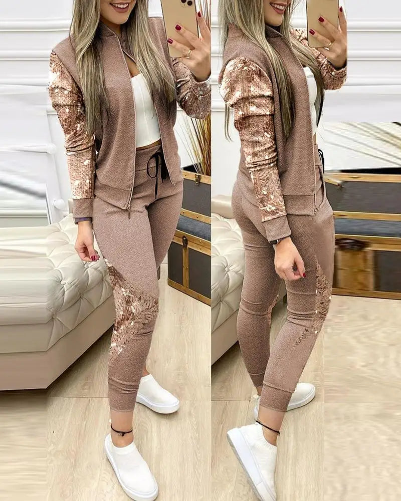 Leisure Sports Zipper Top Coat Pants 2 Two Pieces Sets