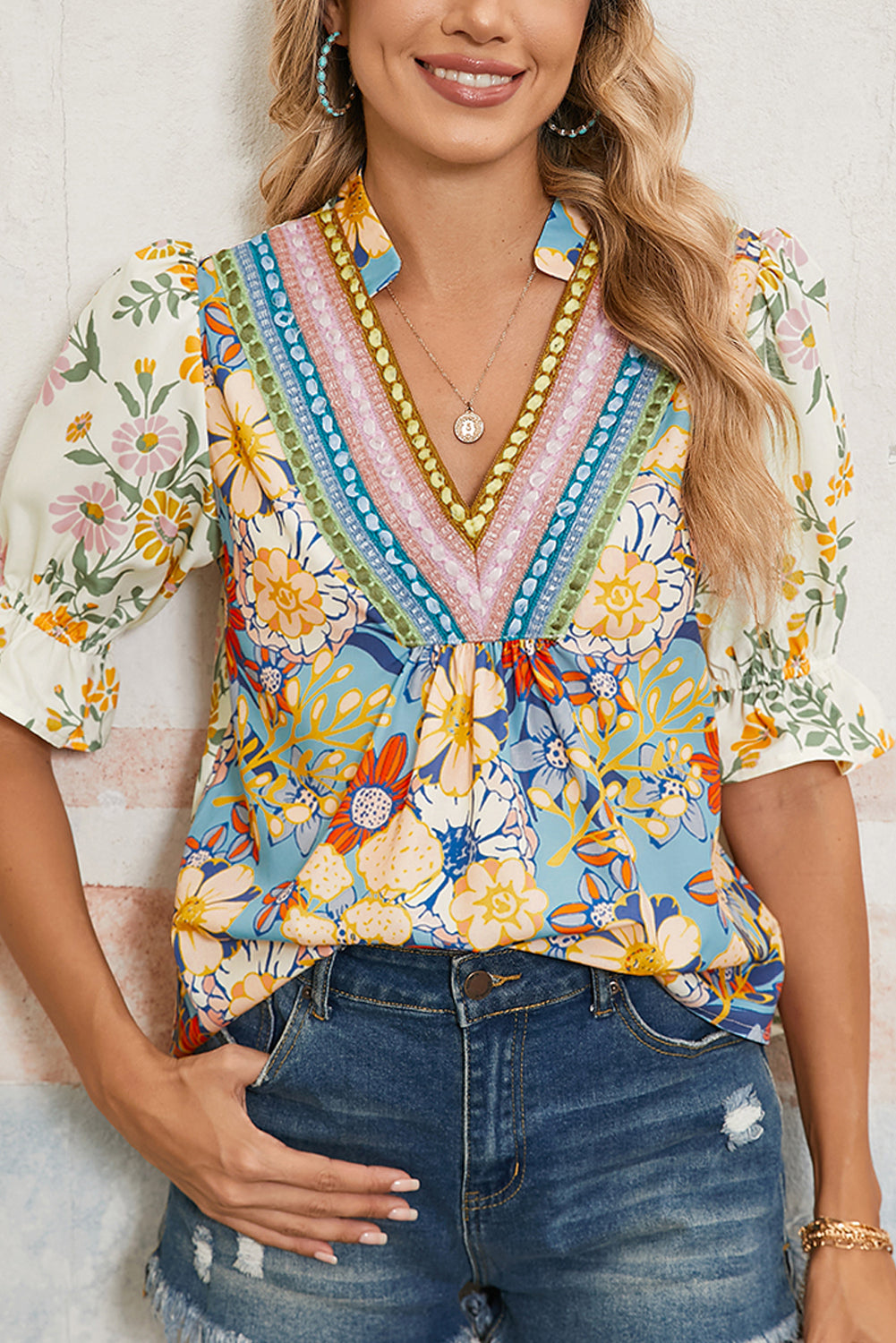 Luxury Multicolour Crochet V Neck Half Sleeve Boho Floral Blouse