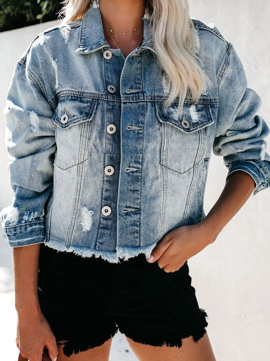 Distressed Raw Hem Denim Jacket