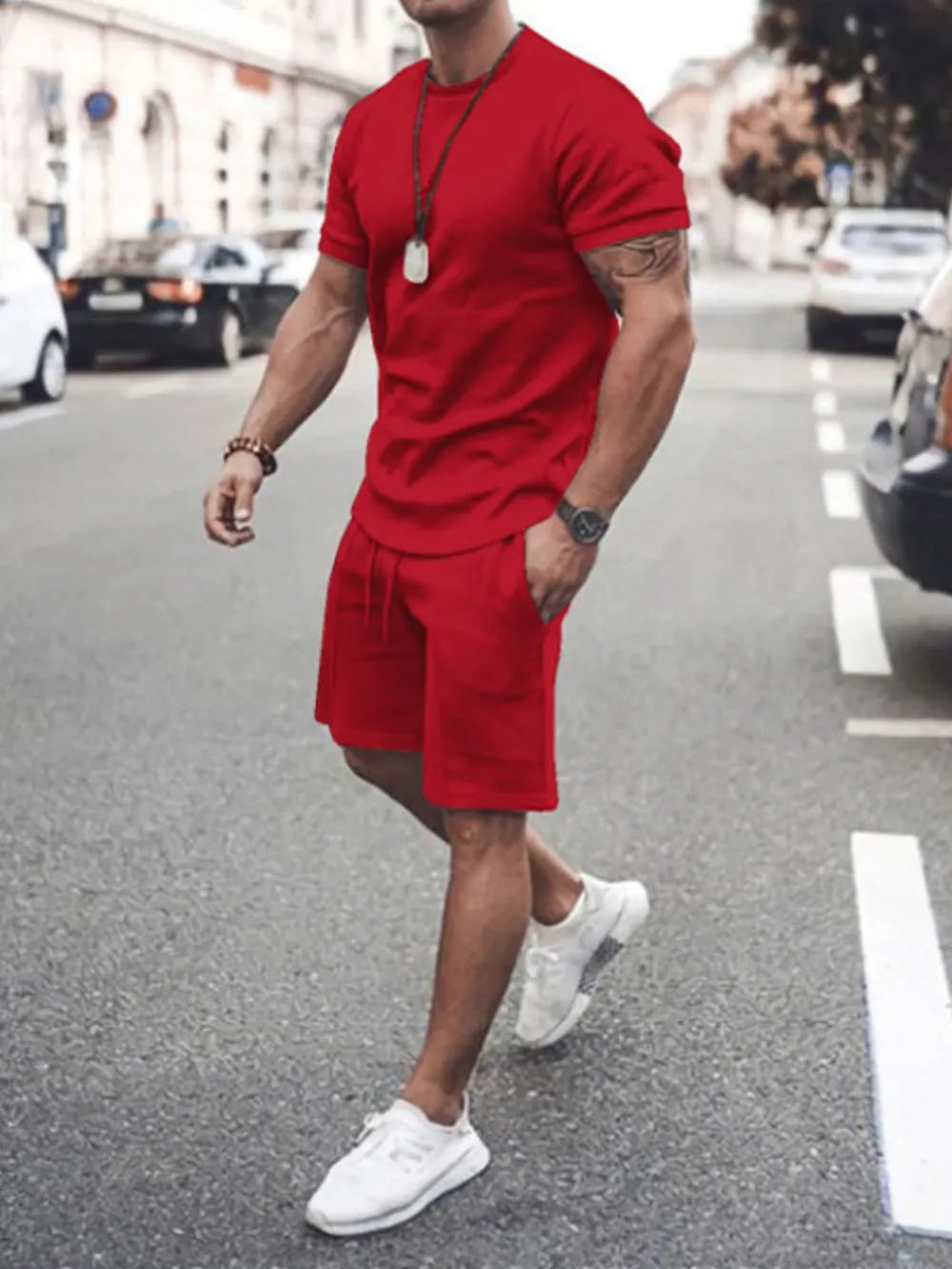 Men's Plus Size Round Neck Short Sleeve Top and Shorts Set
