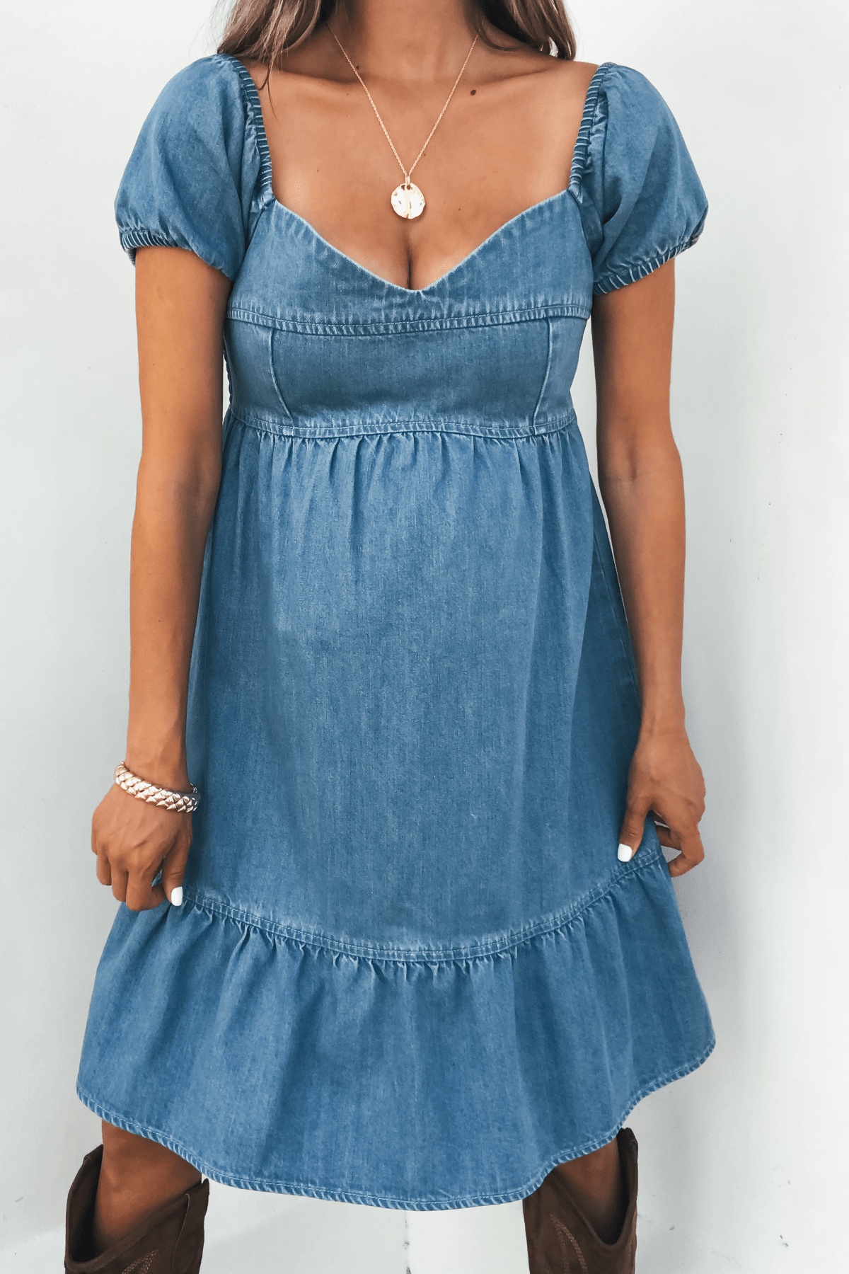 Blue Denim Tiered Mini Dress - DOORBUSTER