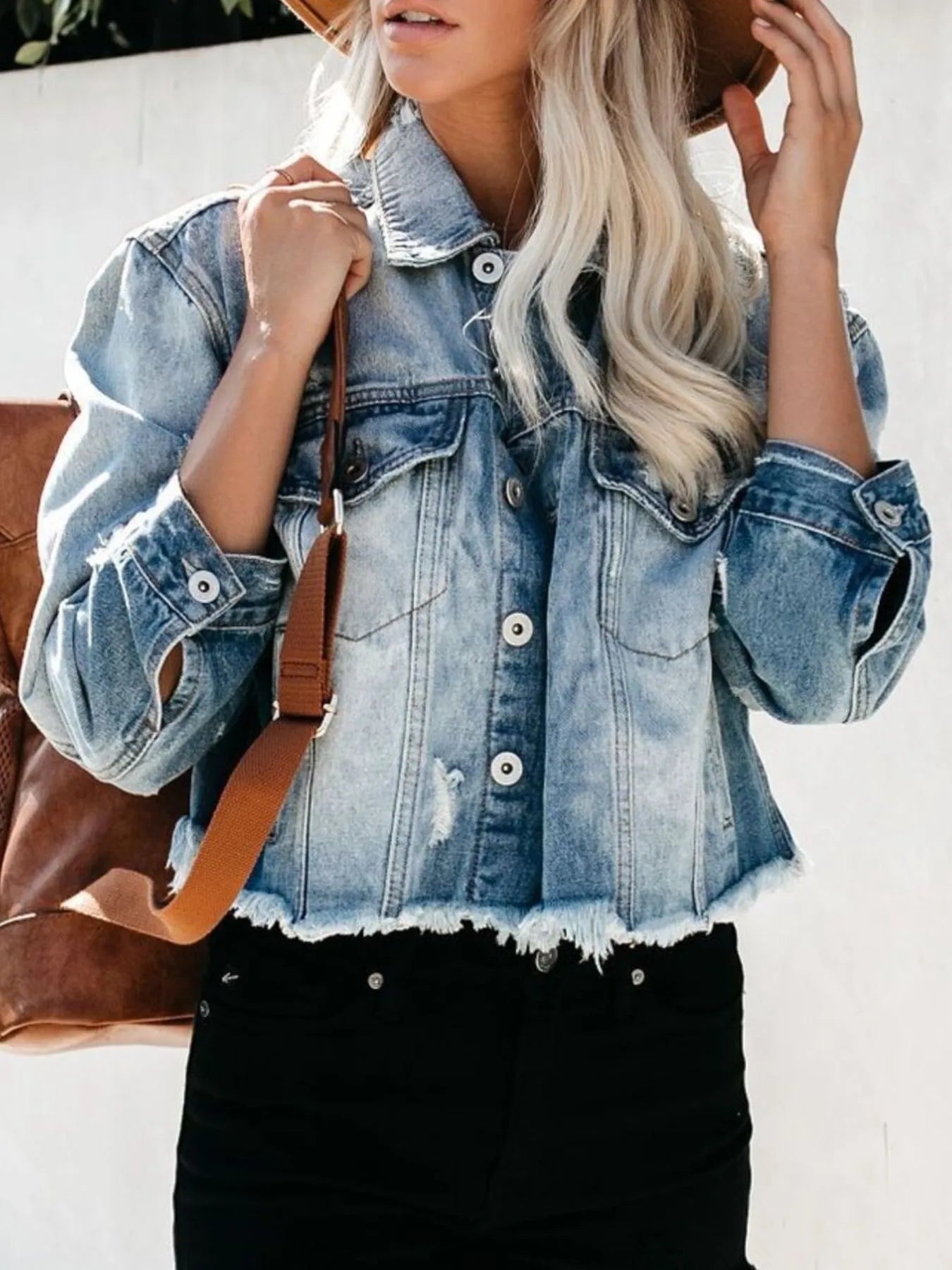 Distressed Raw Hem Denim Jacket