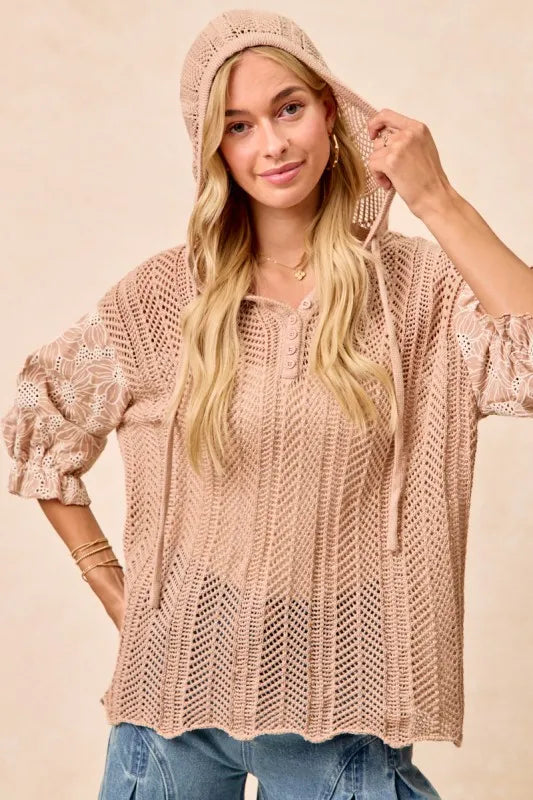 Jacquard Flower Puff Sleeve Hooded Knit Top