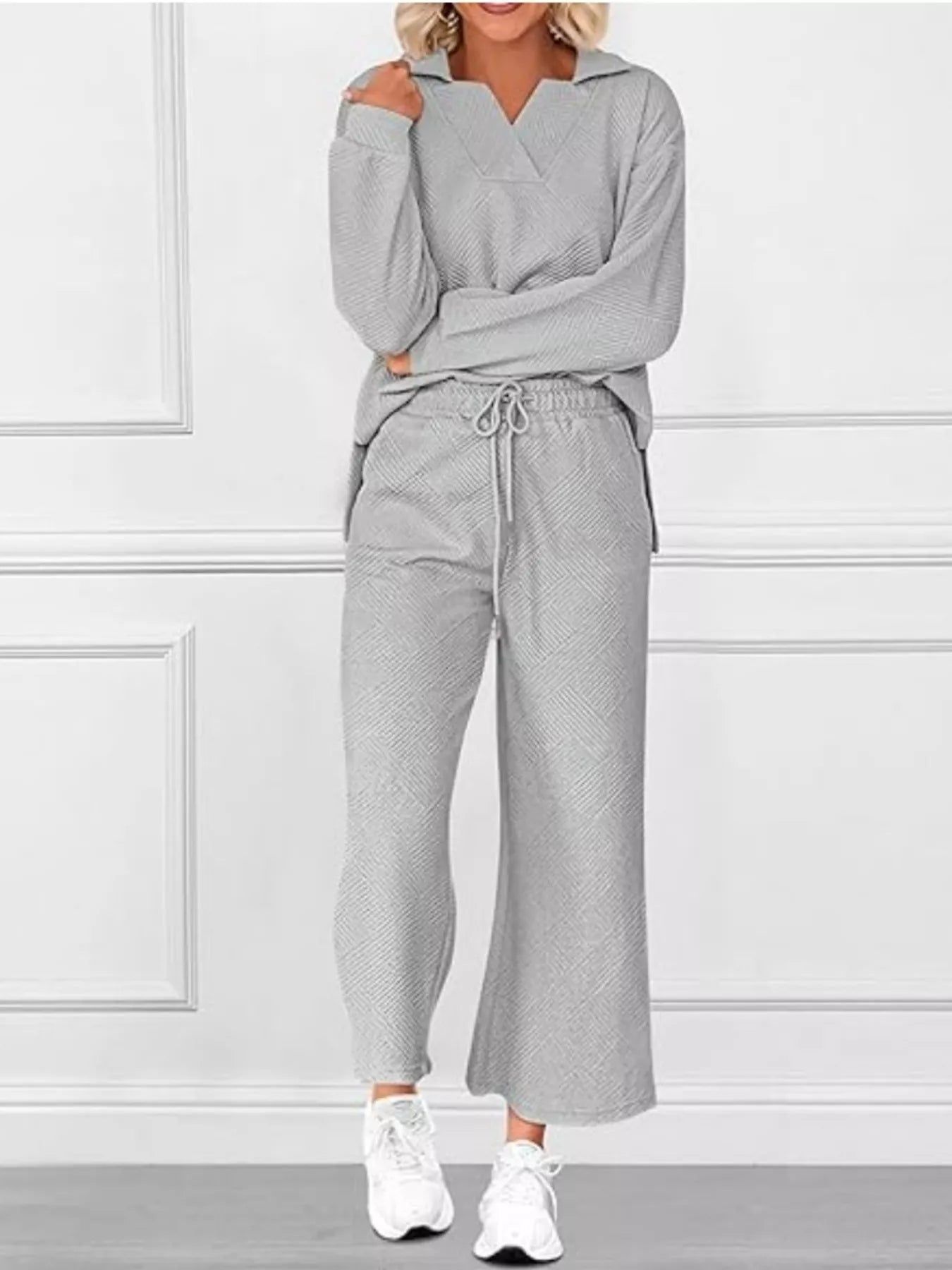 Side Slit Textured Top and Drawstring Pants Set