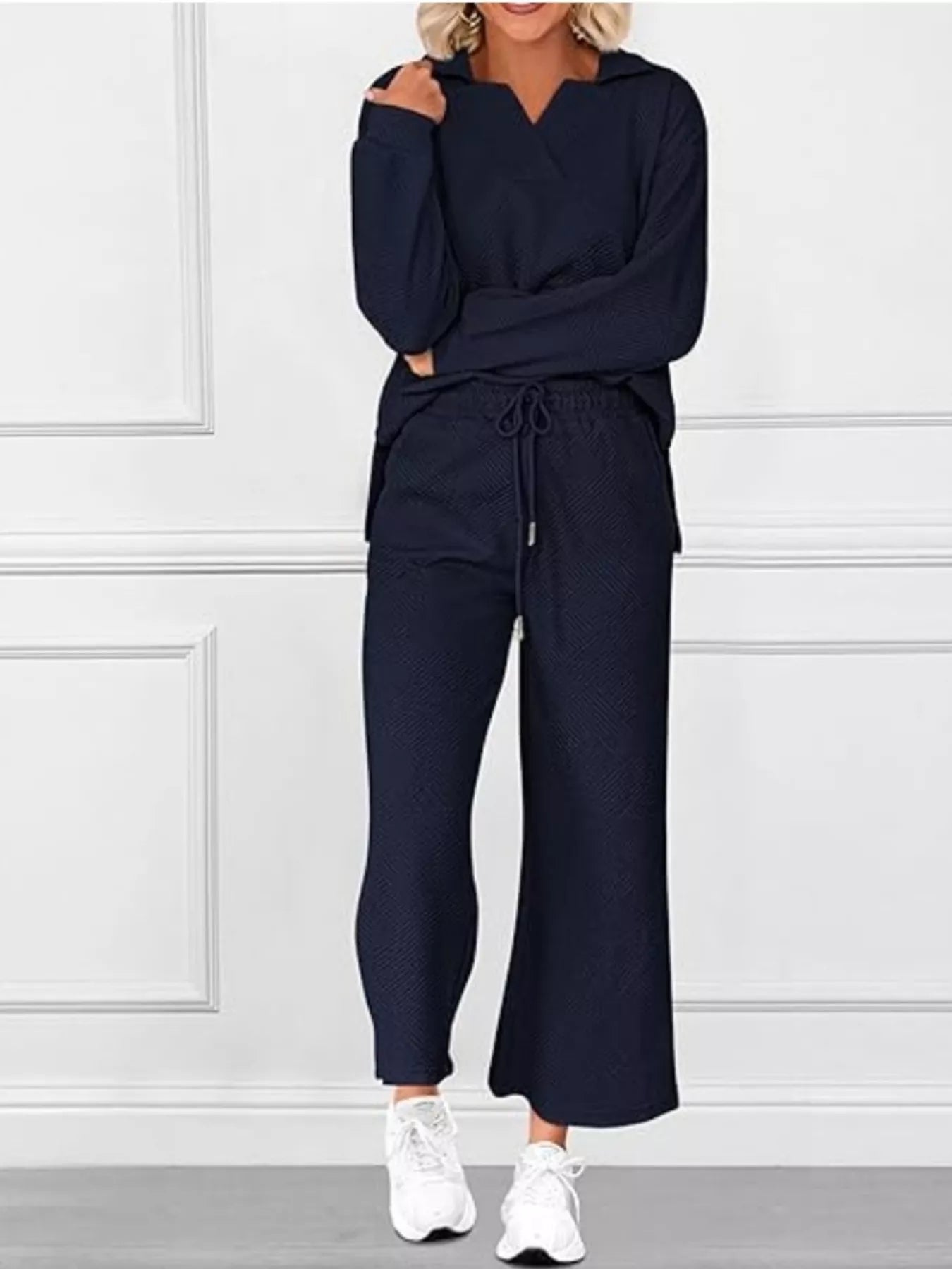 Side Slit Textured Top and Drawstring Pants Set