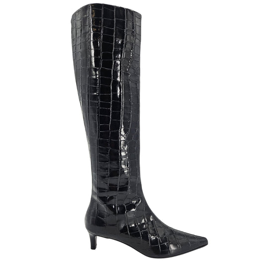 Black Tall Moc Croc Pointy Toe Kitten Heel Boot